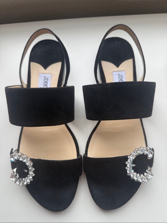 Jimmy Choo Shoes - Jimmy Choo Black Saphera flat suede sandals with crystal buckle